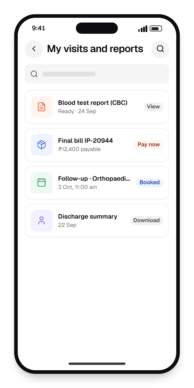 Hospital software patient app my visits and reports on a phone, with 4 entries