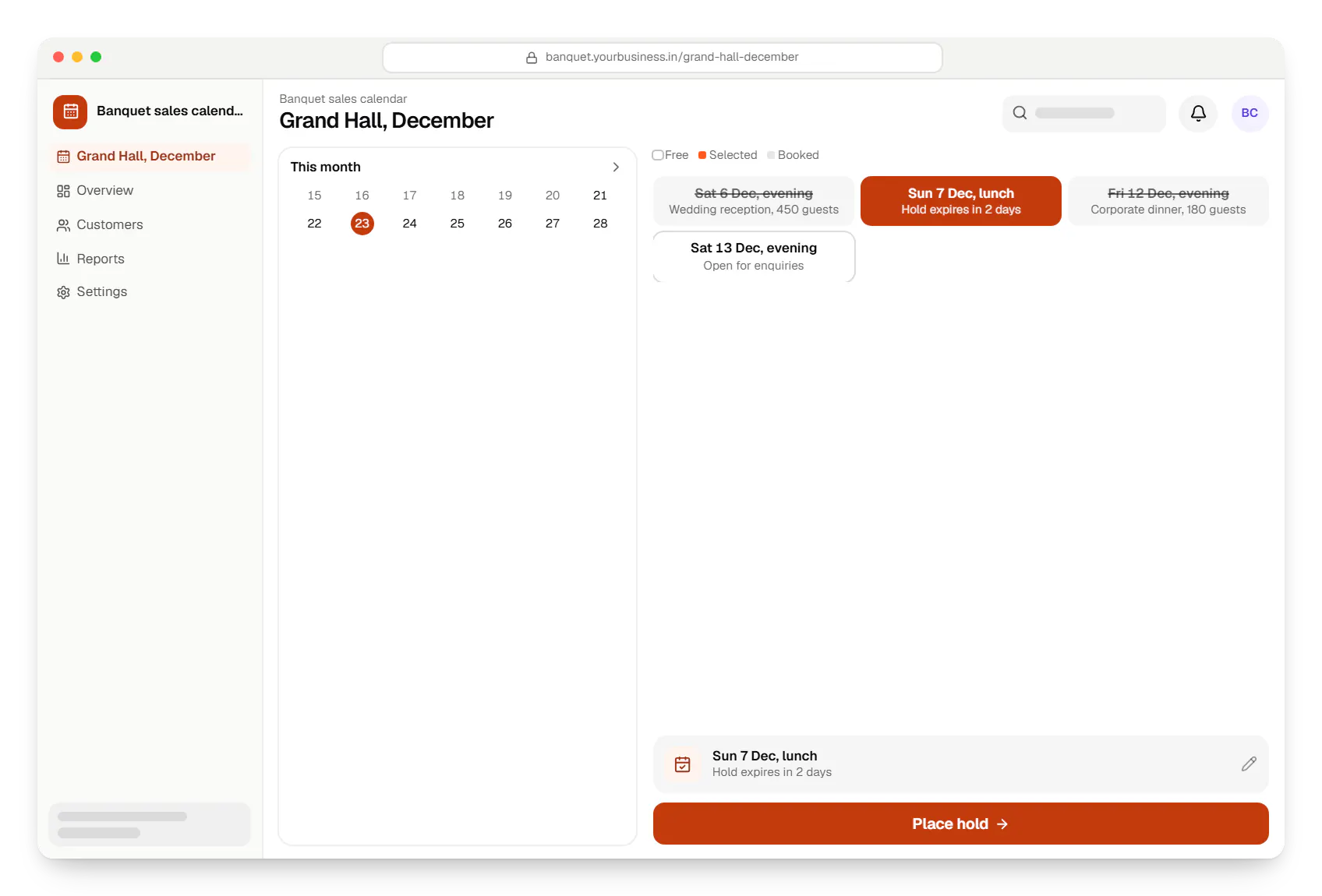 Hospitality software banquet sales calendar booking slots in a web browser, with open time slots