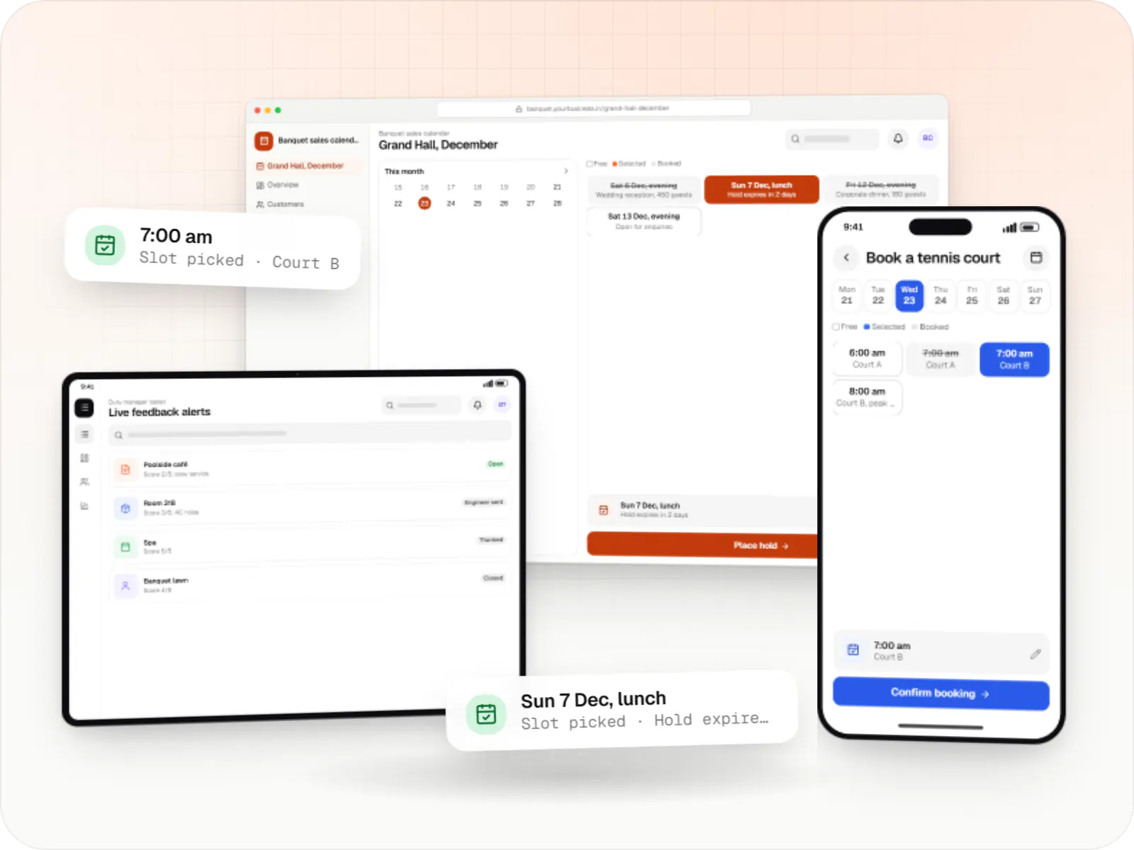 Hospitality software screens: banquet sales calendar in a browser, duty manager tablet and club member app on a phone