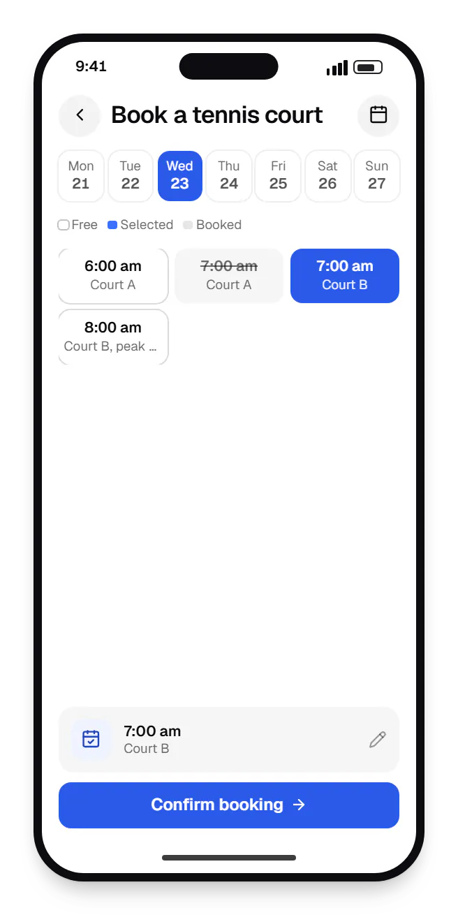 Hospitality software club member app booking slots on a phone, with open time slots