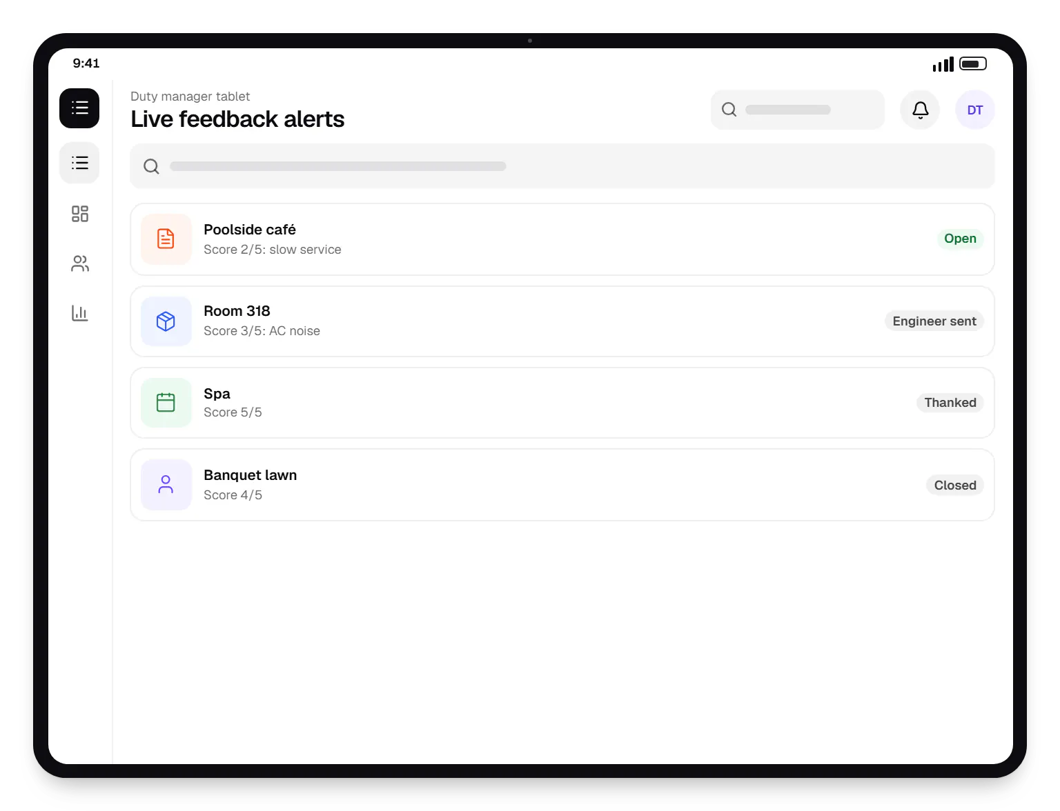 Hospitality software duty manager tablet live feedback alerts on a tablet, with 4 entries