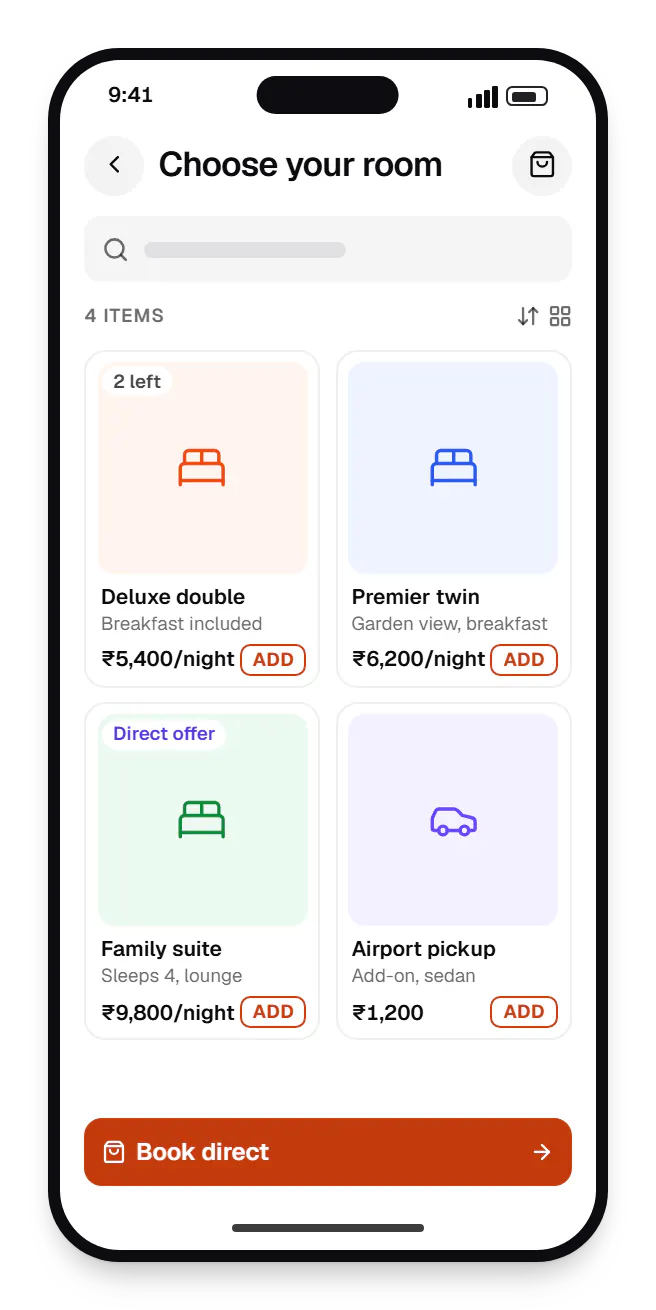 Hotel software direct booking engine catalogue on a phone, showing choose your room with prices