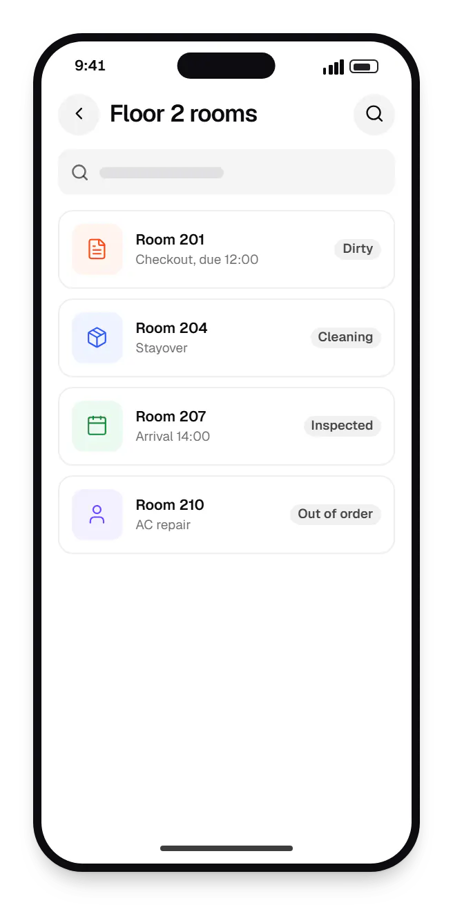 Hotel software housekeeping app floor 2 rooms on a phone, with 4 entries