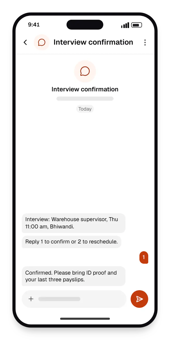 HR and recruitment software candidate messaging chat on a phone, with a question and a reply
