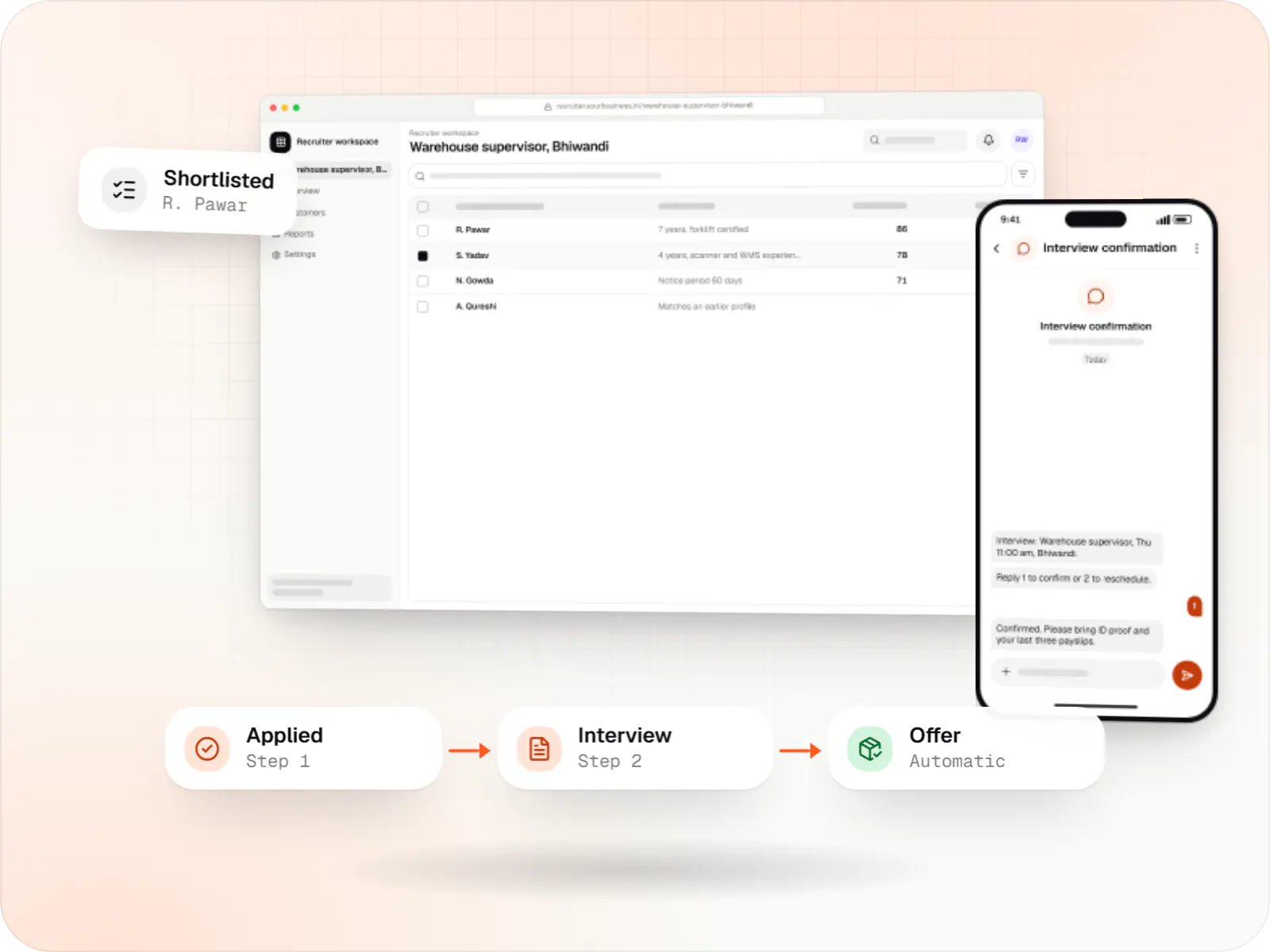 HR and recruitment software screens: recruiter workspace in a browser and candidate messaging chat on a phone