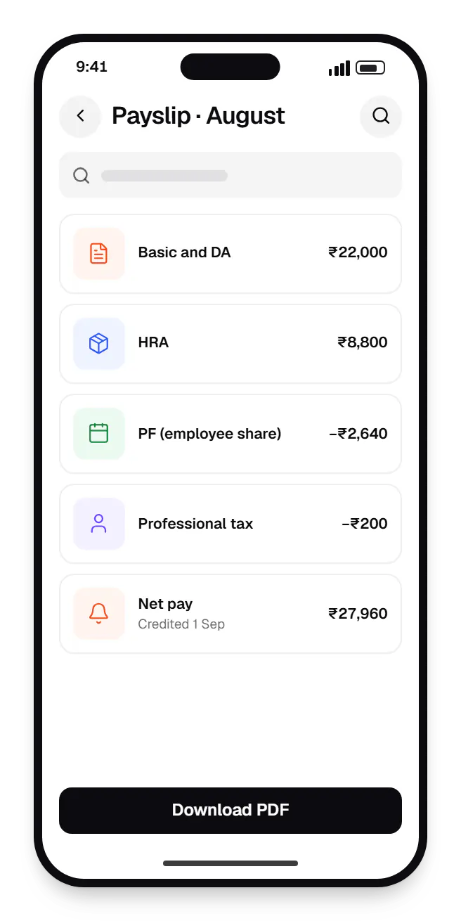 HRMS employee app payslip on a phone, with 5 entries