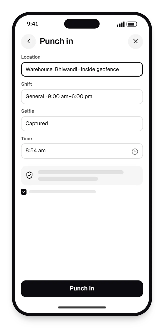 HRMS employee app punch on a phone, with input fields and an action button