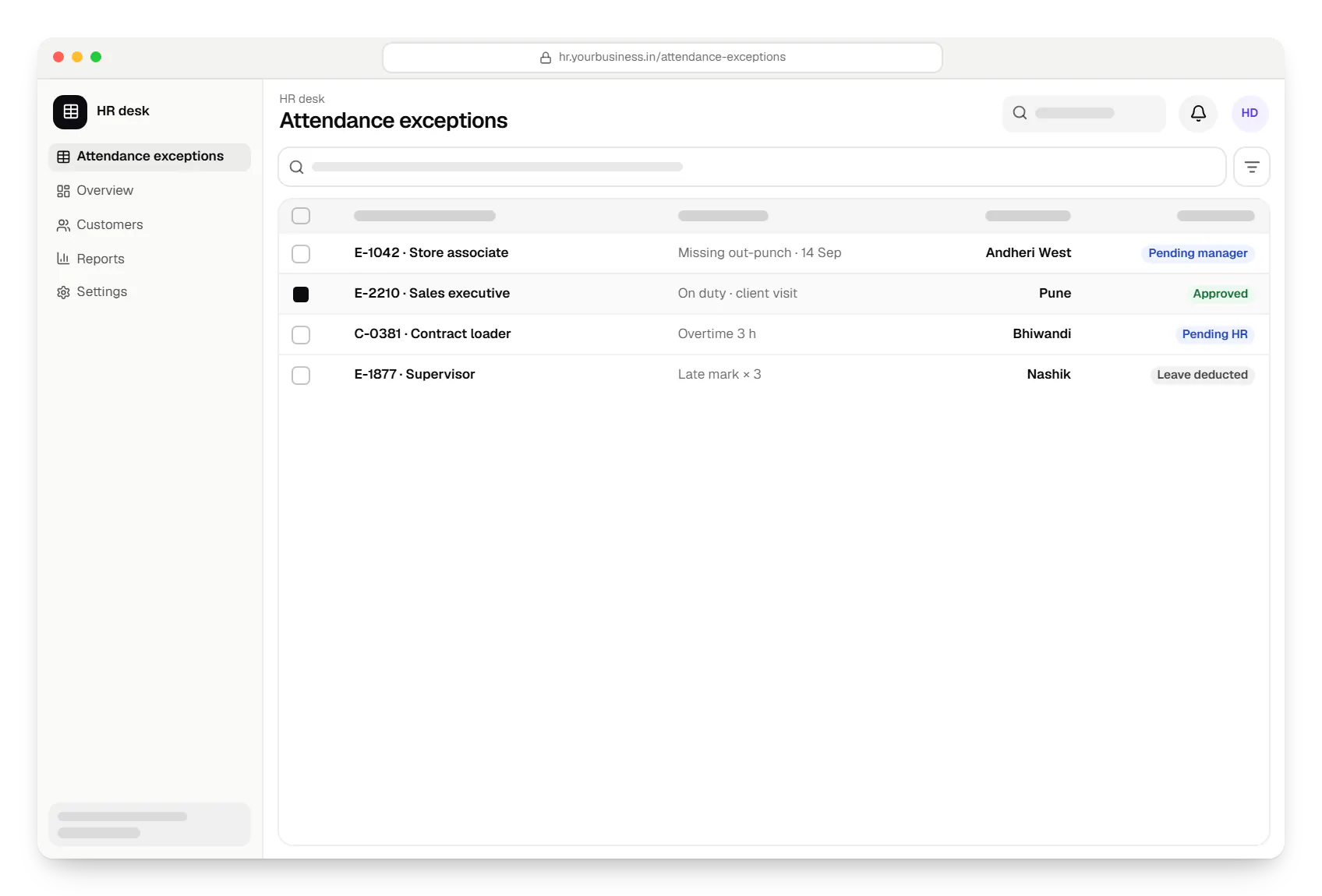 HRMS HR desk attendance exceptions table in a web browser, with 4 rows and status labels