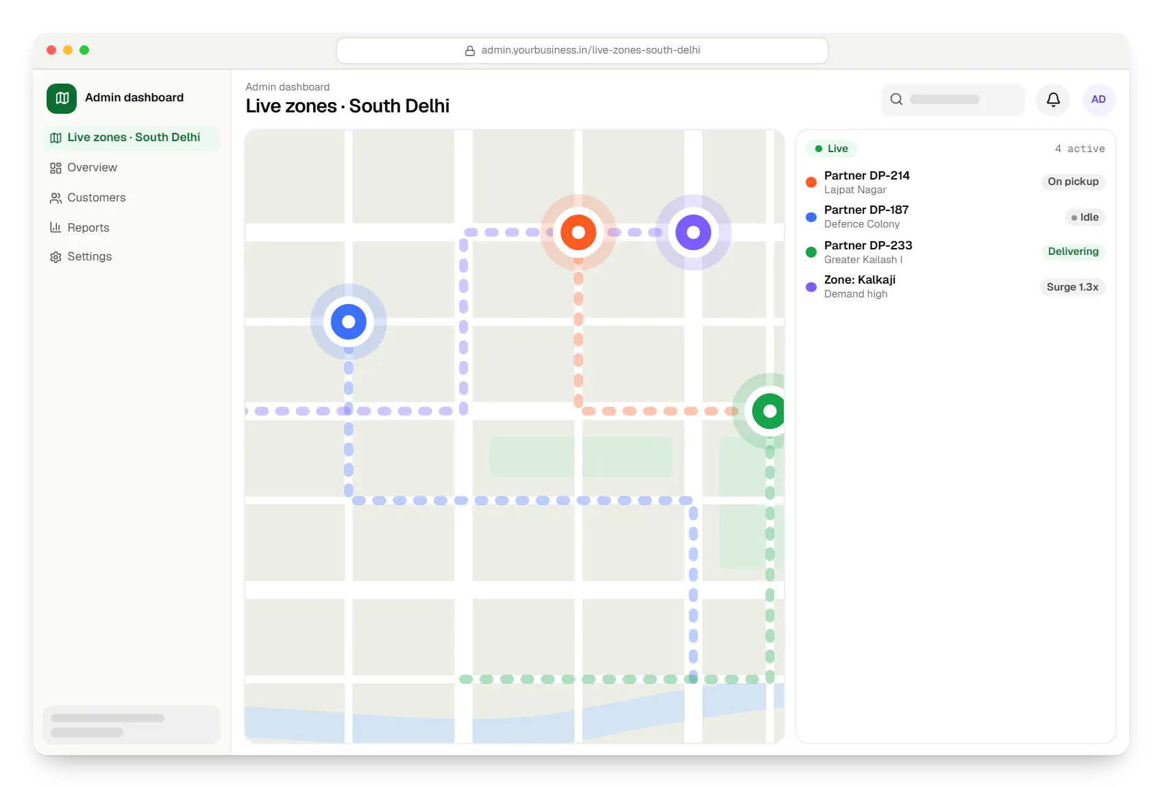 Hyperlocal delivery app admin dashboard route map in a web browser, with stops and live positions