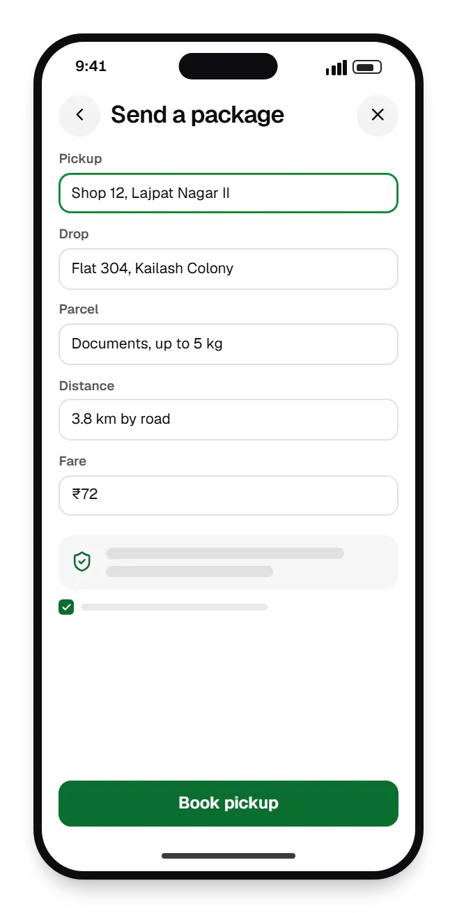 Hyperlocal delivery customer app send a package on a phone, with input fields and an action button