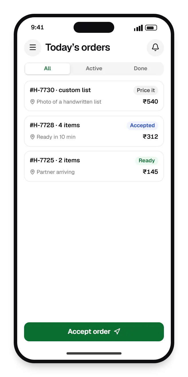 Hyperlocal delivery merchant app order list on a phone, with 3 orders and their status