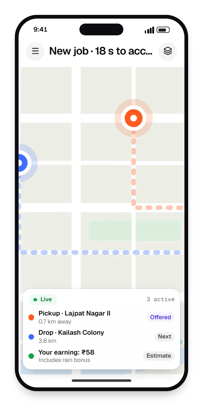 Hyperlocal delivery partner app route map on a phone, with stops and live positions