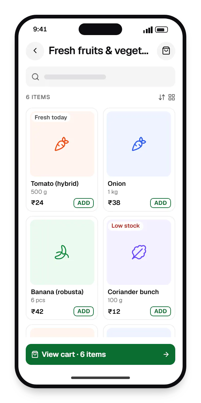 Hyperlocal grocery delivery platform customer app catalogue on a phone, showing fresh fruits and vegetables with prices