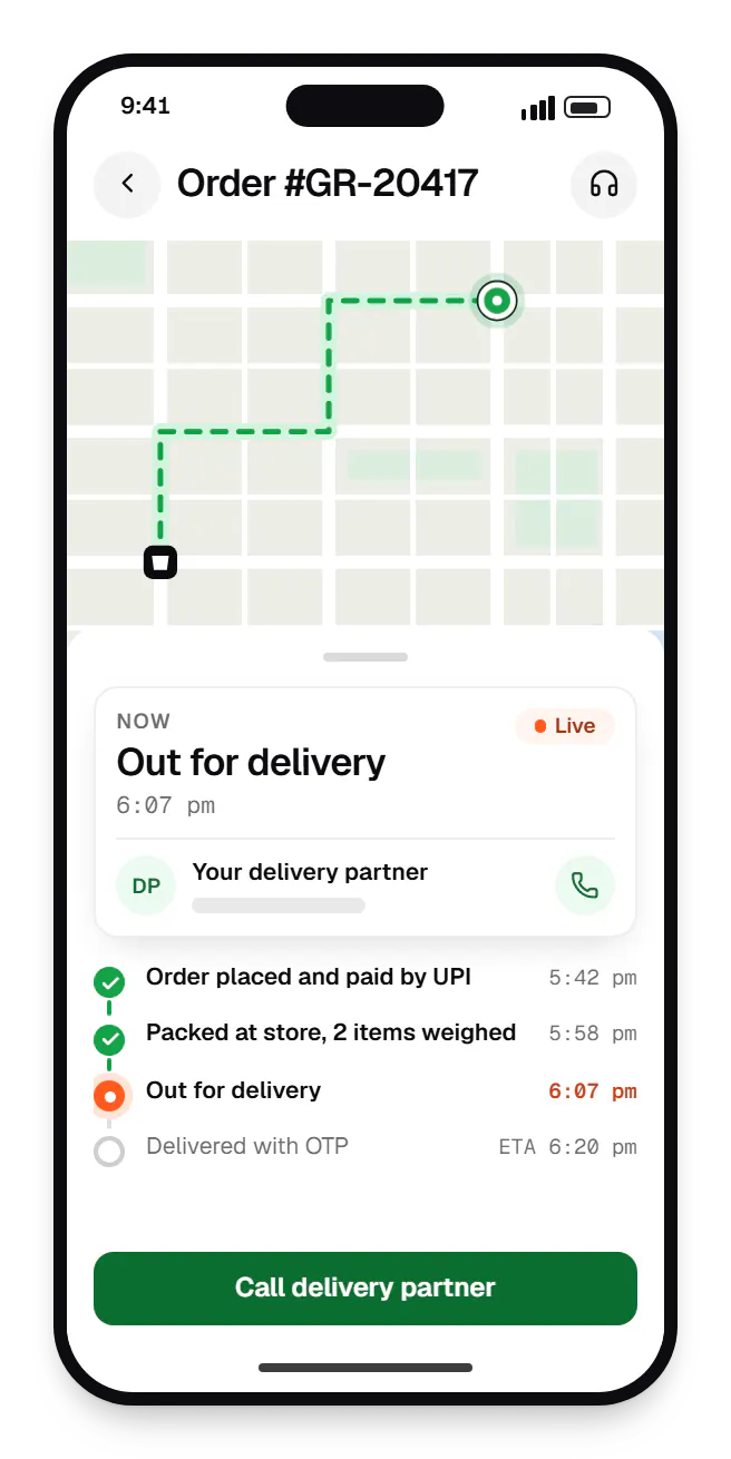 Hyperlocal grocery delivery platform customer app order tracking on a phone, with live status steps