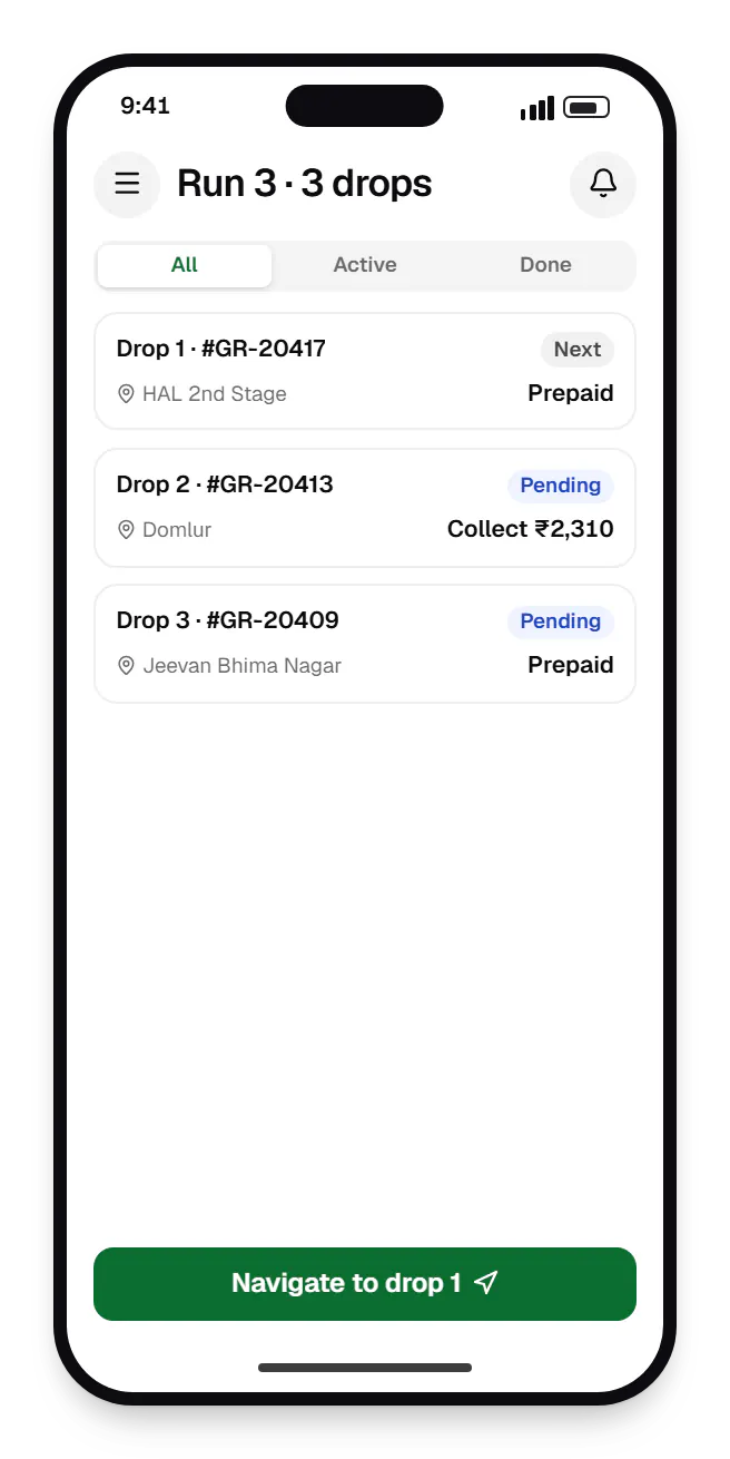 Hyperlocal grocery platform delivery partner app order list on a phone, with 3 orders and their status