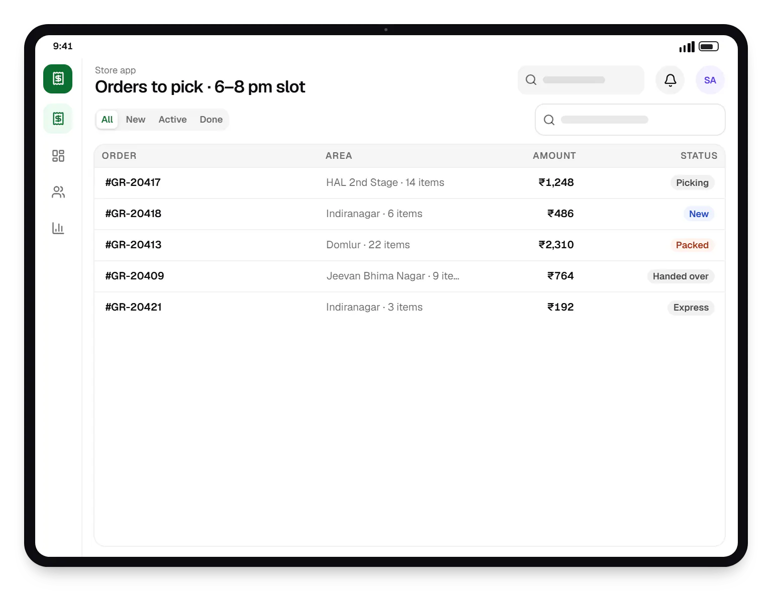 Hyperlocal grocery delivery platform store app order list on a tablet, with 5 orders and their status