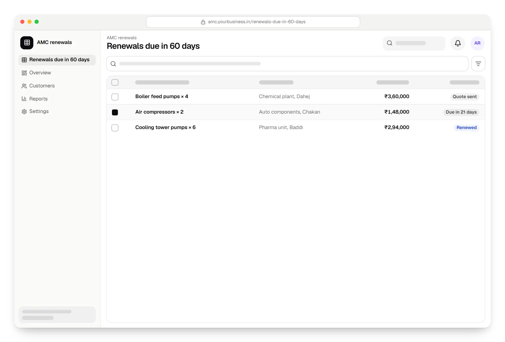 Industrial software AMC renewals due in 60 days table in a web browser, with 3 rows and status labels