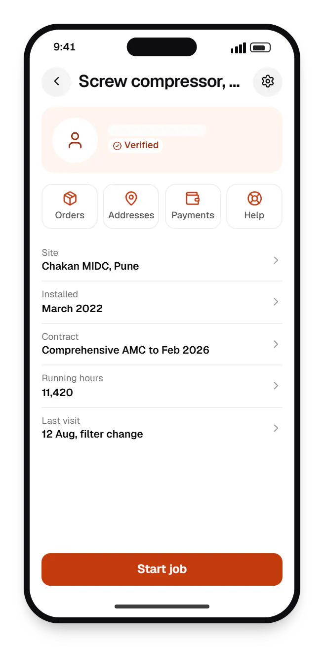 Industrial software field service app profile on a phone, with account details