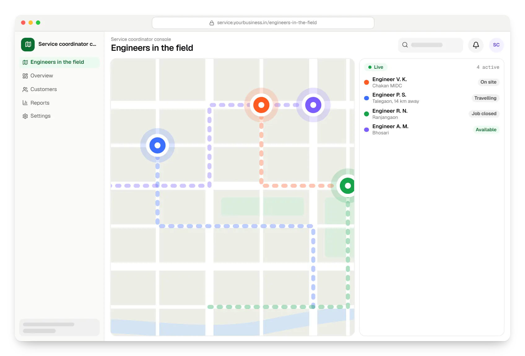 Industrial software service coordinator console route map in a web browser, with stops and live positions