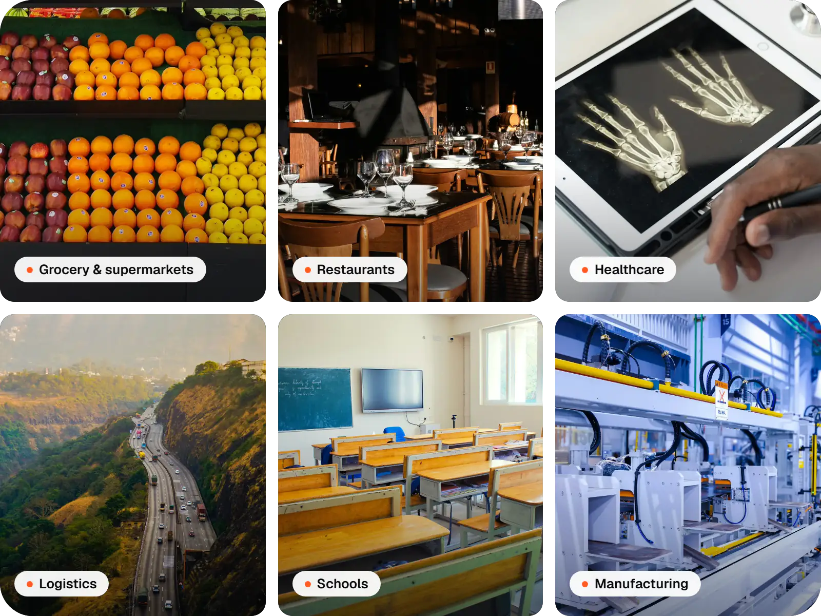 Photos from industries we build for: grocery and supermarkets, restaurants, healthcare, logistics, schools and manufacturing