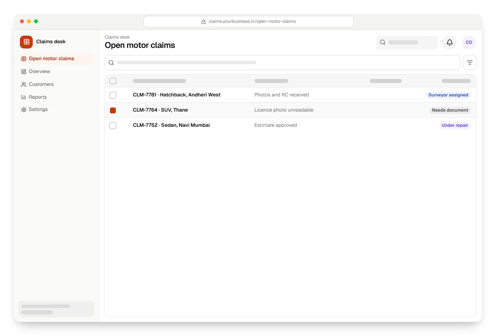 Insurance software claims desk open motor claims table in a web browser, with 3 rows and status labels