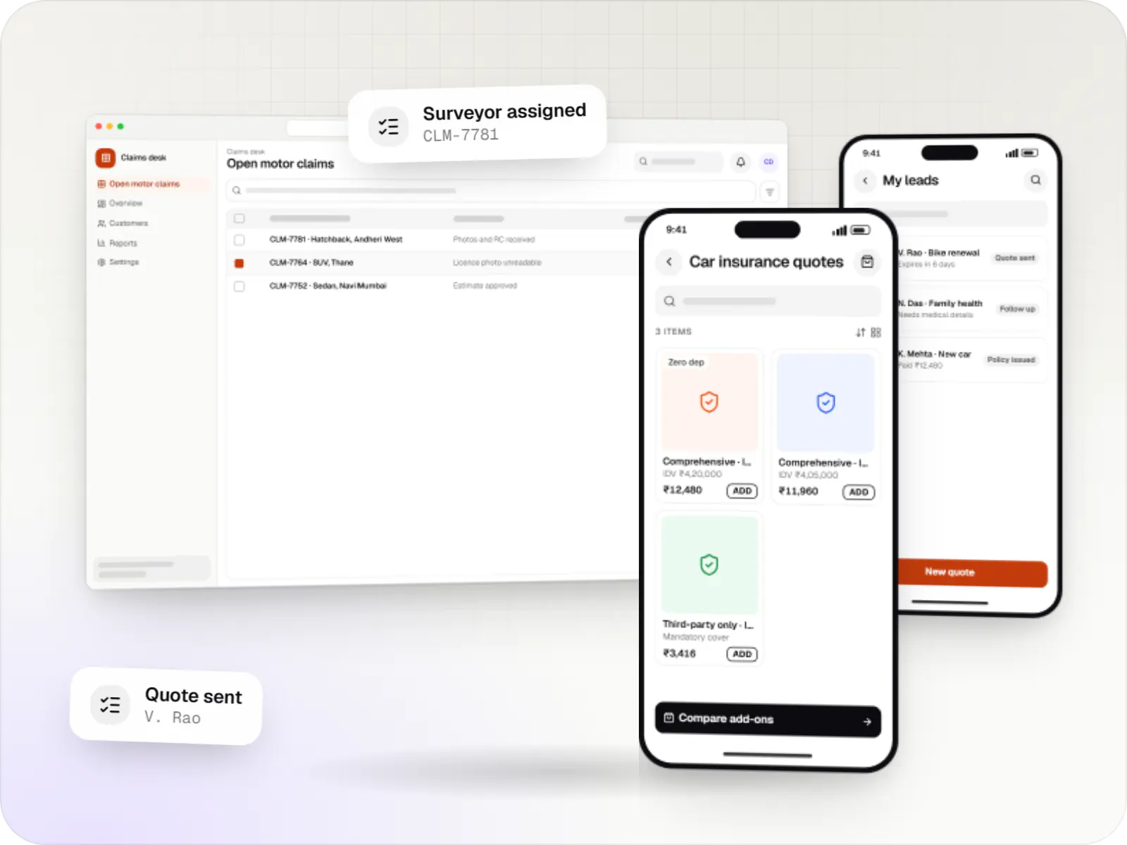 Insurance software screens: claims desk in a browser, customer website on a phone and POSP app on a phone