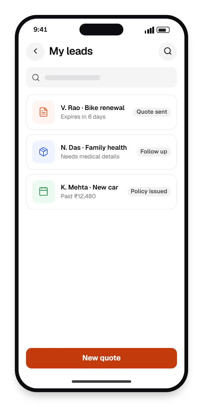Insurance software POSP app my leads on a phone, with 3 entries