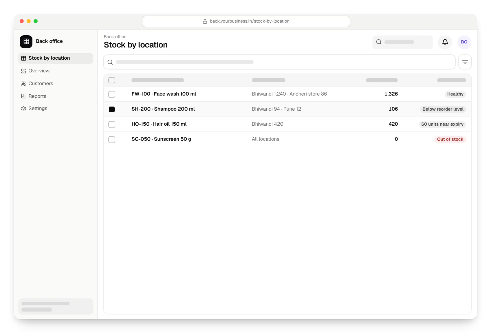 Inventory management software back office stock by location table in a web browser, with 4 rows and status labels