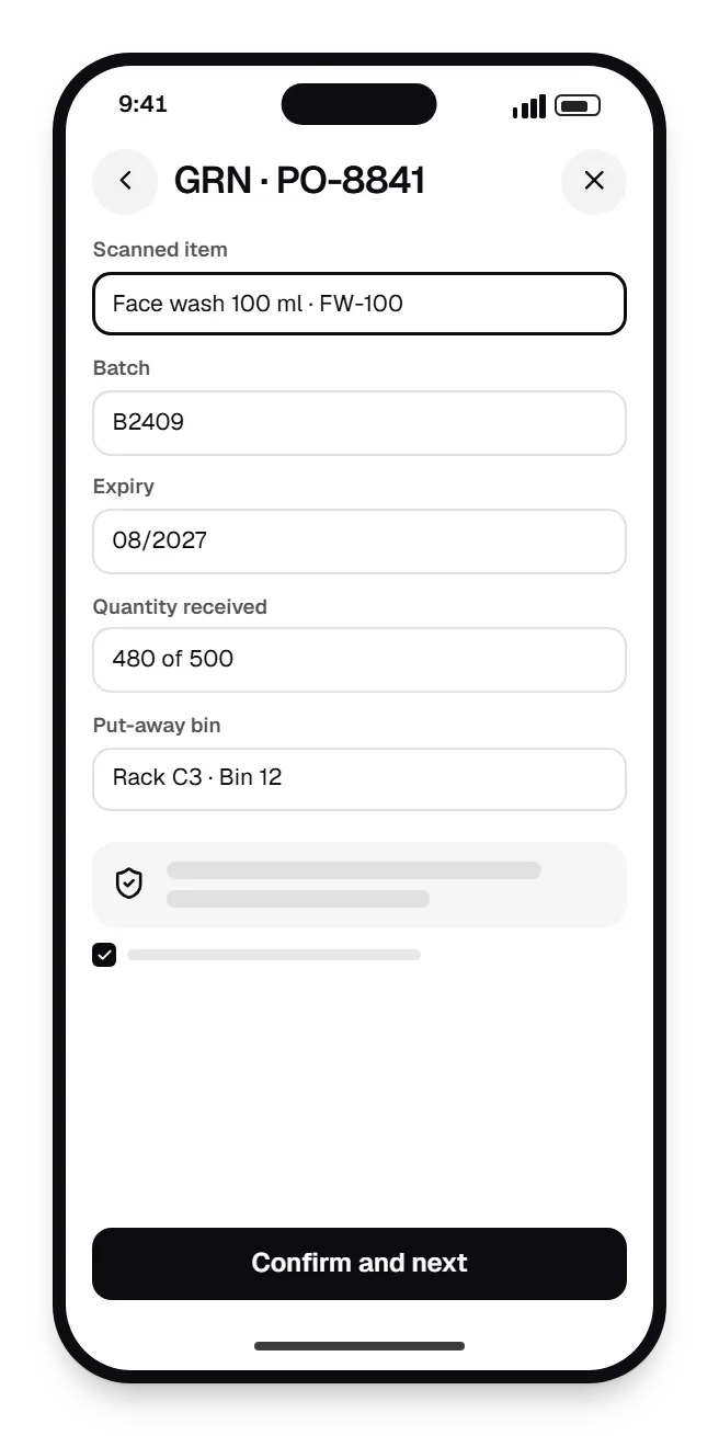 Inventory management software warehouse handheld GRN on a phone, with input fields and an action button
