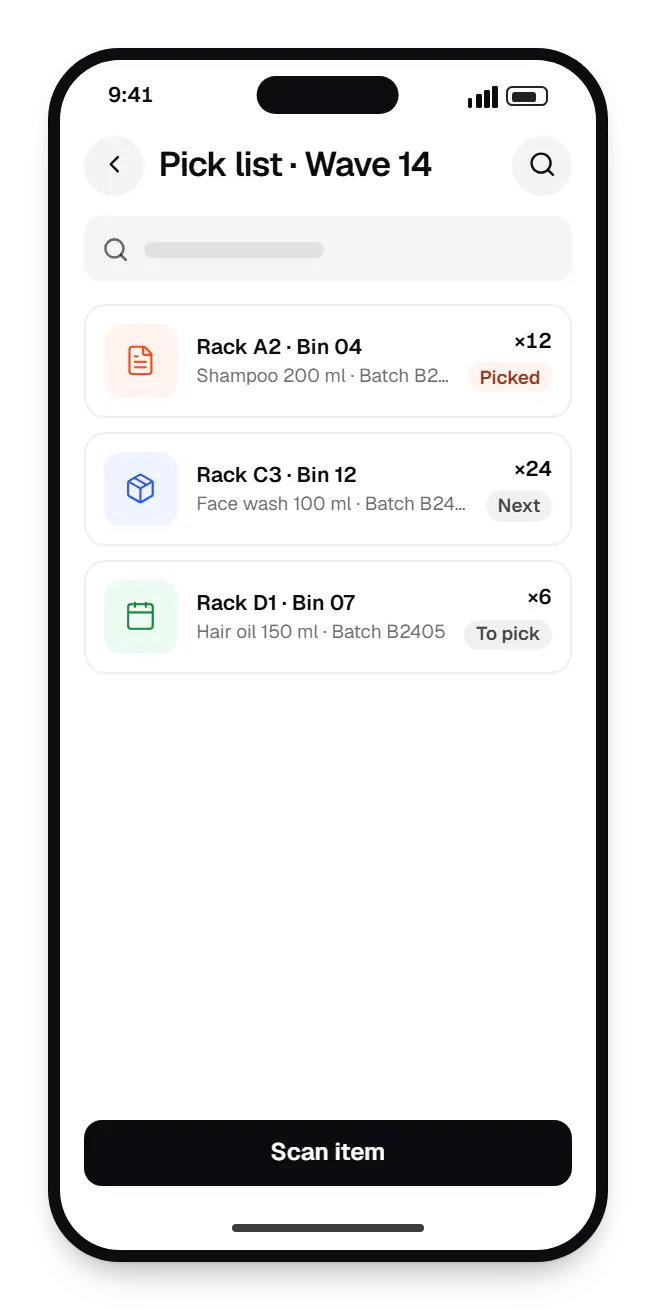 Inventory management software warehouse handheld pick list on a phone, with 3 entries