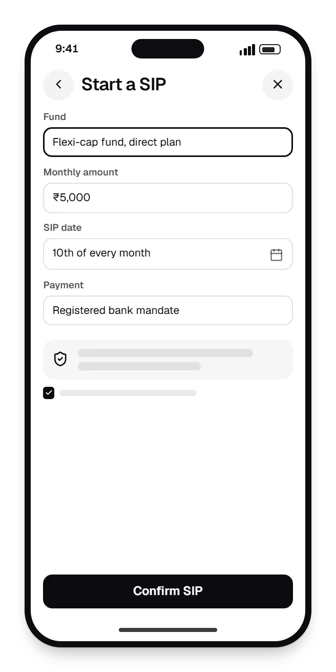 Investment and wealth management software investor app start a SIP on a phone, with input fields and an action button