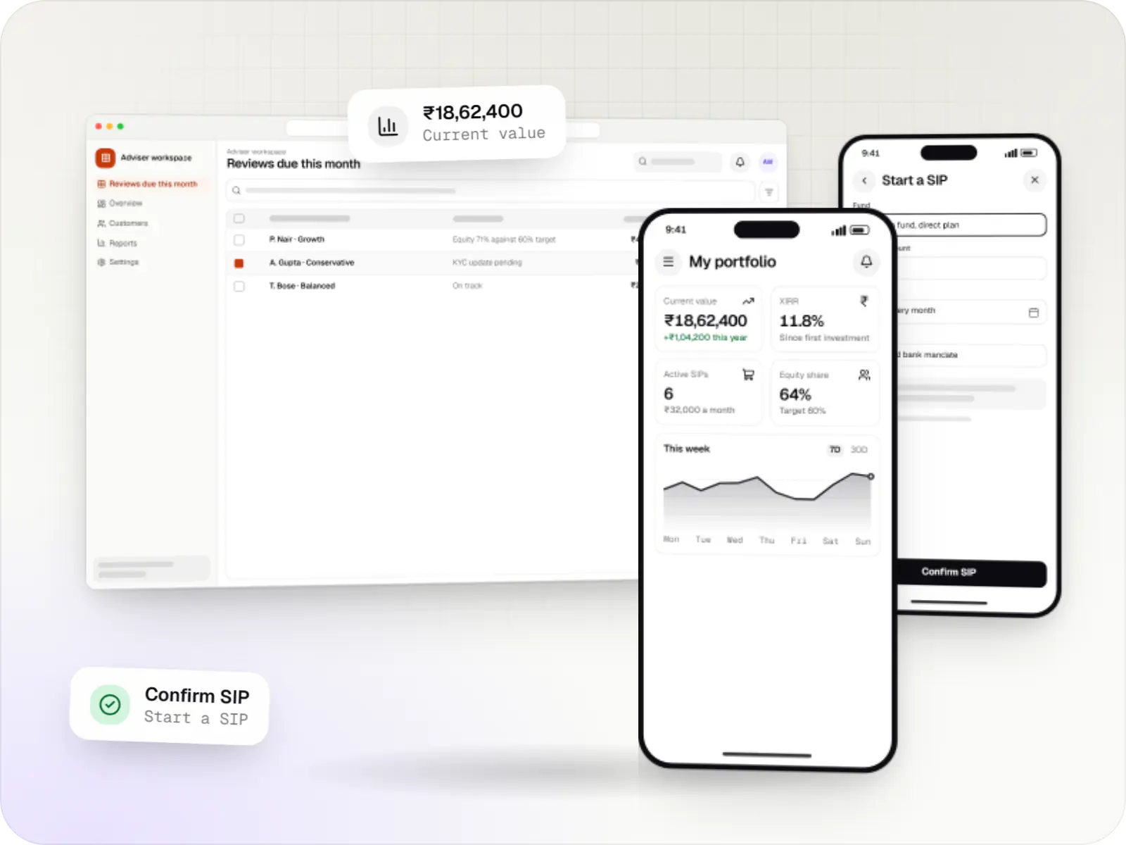 Investment and wealth management software screens: adviser workspace in a browser and investor app on two phones