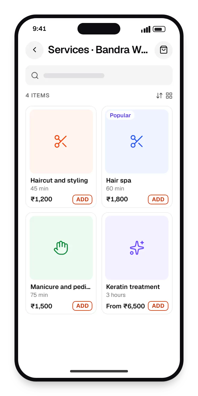 iOS client app for iPhone catalogue on a phone, showing services with prices