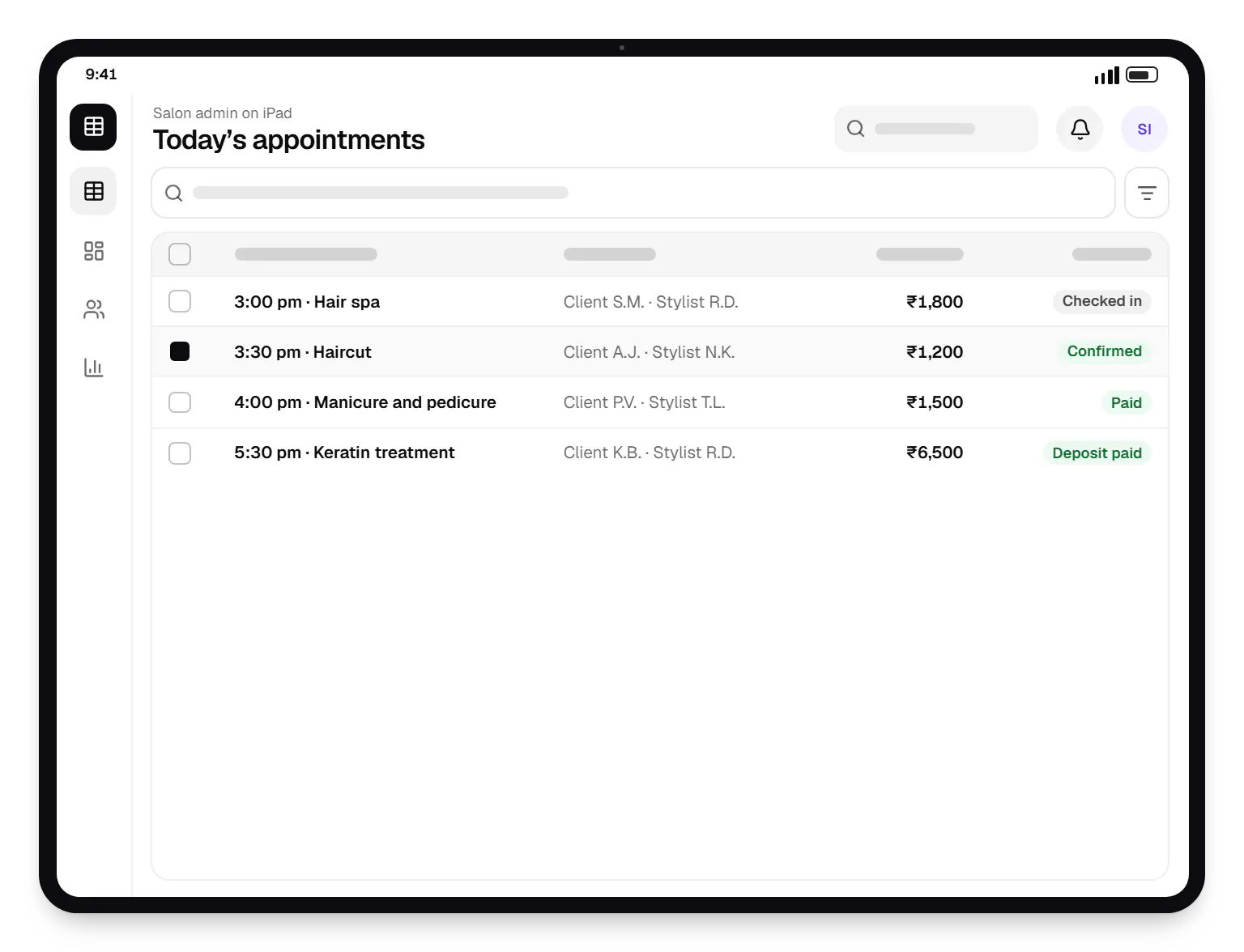 iOS app salon admin on iPad today’s appointments table on a tablet, with 4 rows and status labels