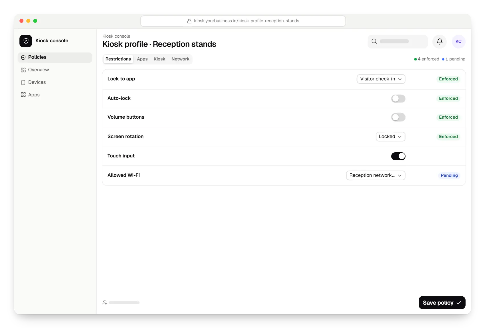 iPad kiosk console policy settings in a web browser