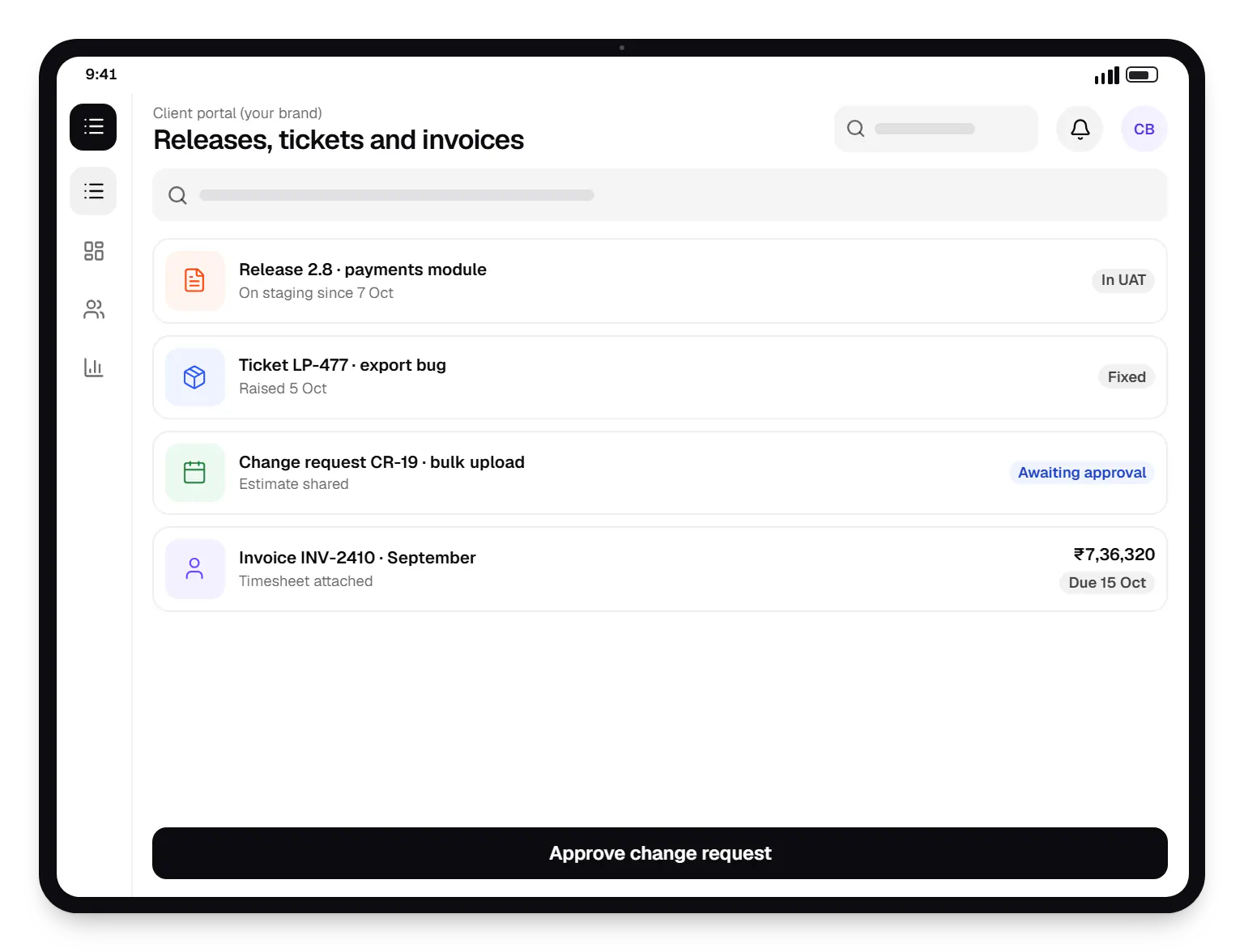 IT company software client portal releases, tickets and invoices on a tablet, with 4 entries