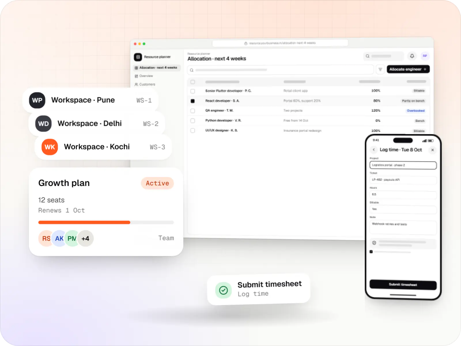 IT company software screens: resource planner in a browser, timesheet app on a phone and workspace cards and a plan card