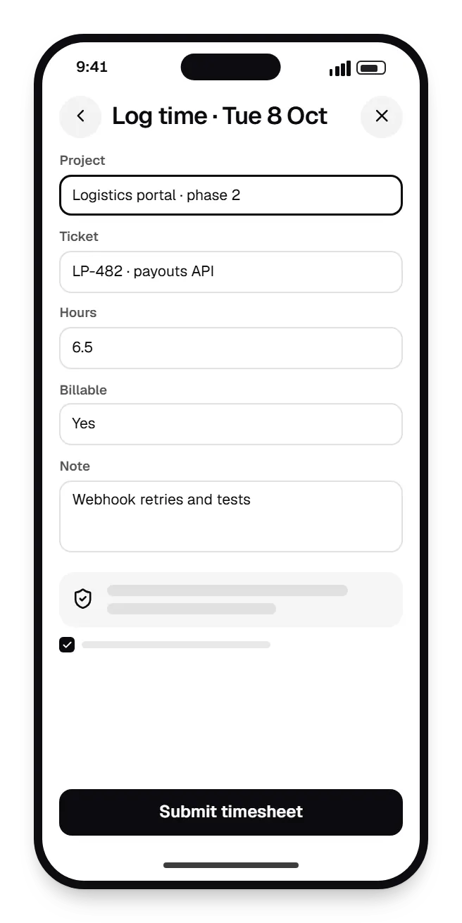 IT company software timesheet app log time on a phone, with input fields and an action button