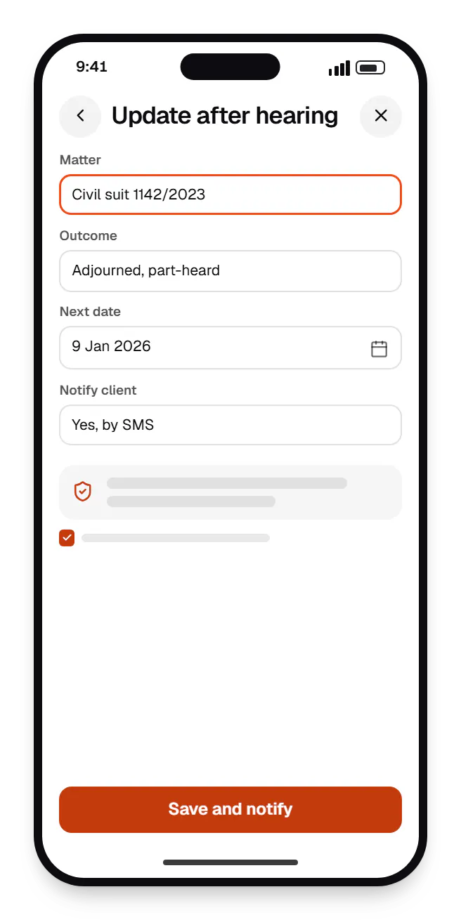 Legal services software clerk app update after hearing on a phone, with input fields and an action button