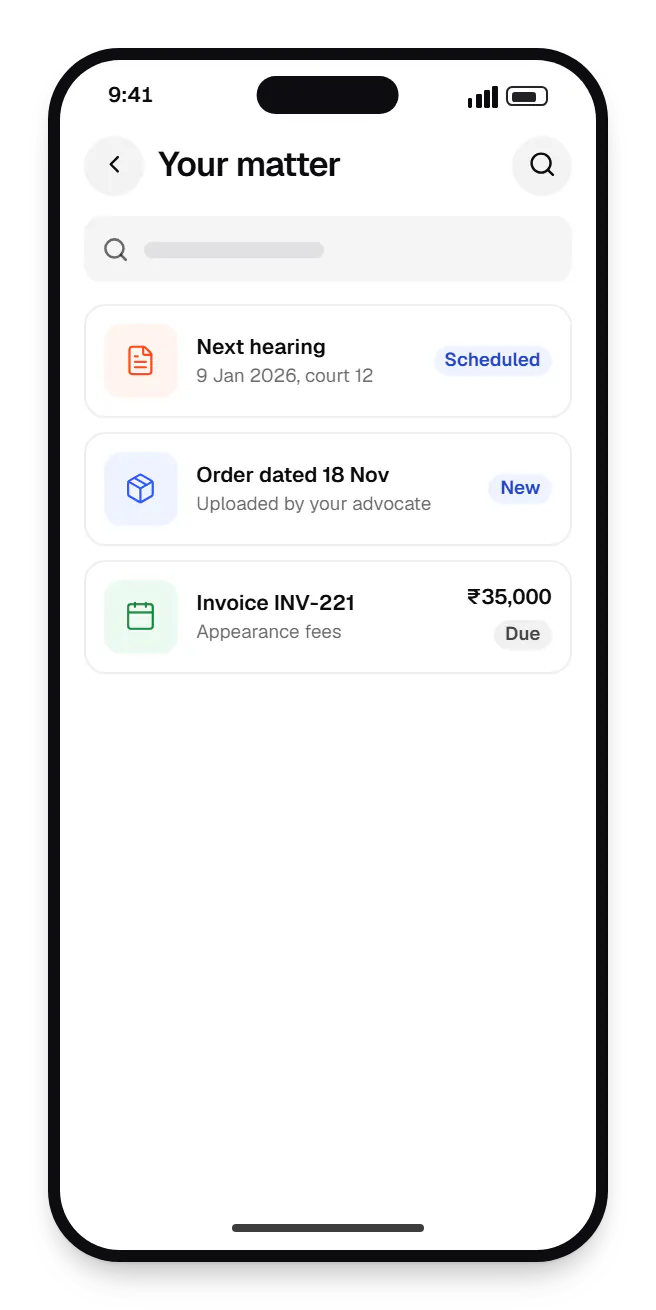 Legal services software client portal your matter on a phone, with 3 entries