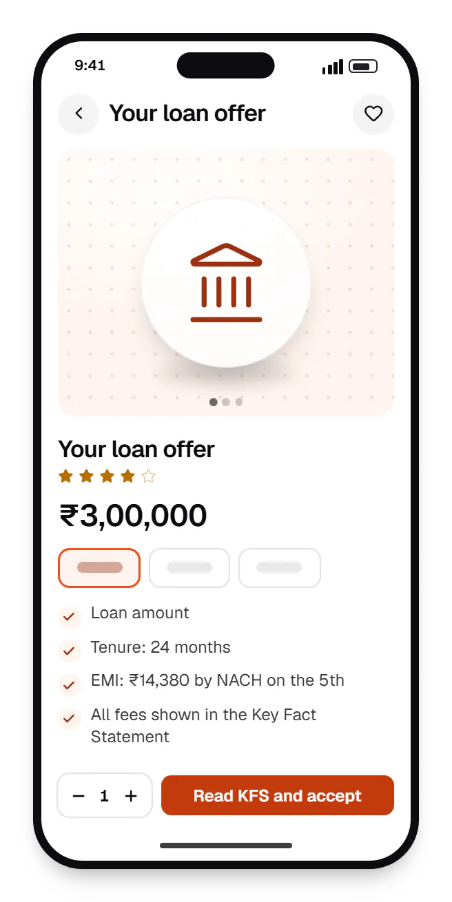 Lending software borrower app product page on a phone, for your loan offer, with price and options
