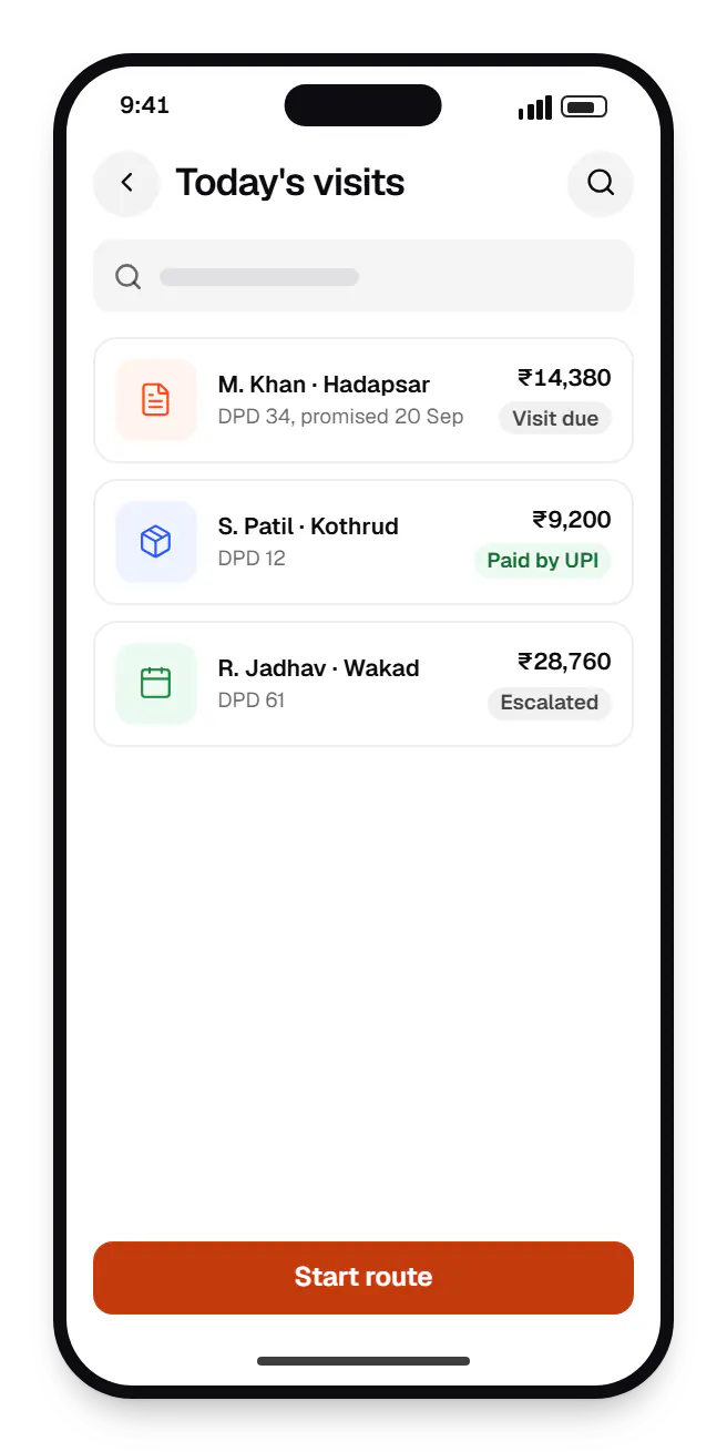 Lending software collections agent app today's visits on a phone, with 3 entries