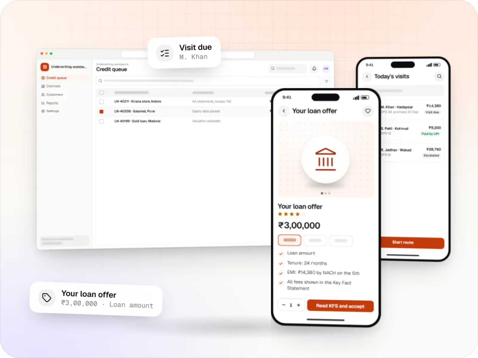 Lending software screens: underwriting workbench credit queue table in a browser and borrower app on a phone