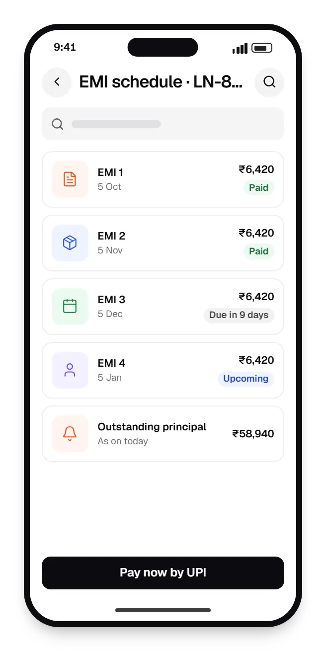 Loan management software borrower app EMI schedule on a phone, with 5 entries