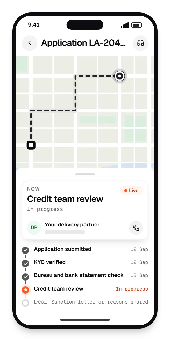 Loan management software borrower app order tracking on a phone, with live status steps