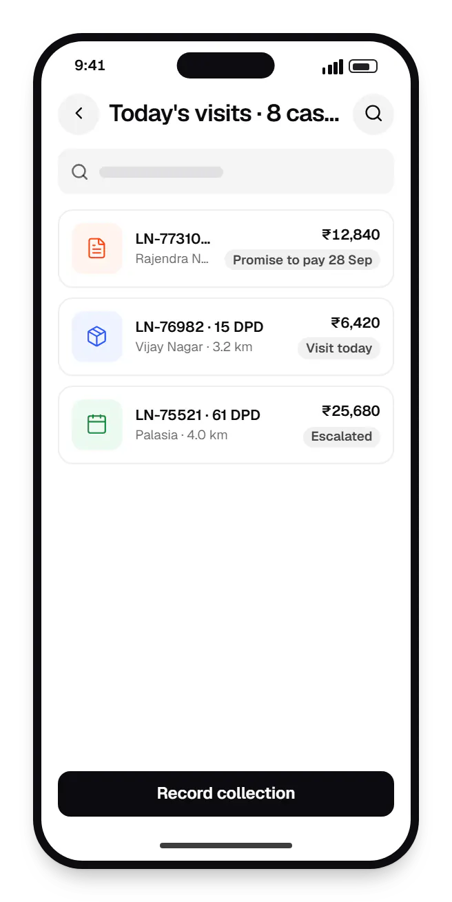 Loan management software collections app today's visits on a phone, with 3 entries