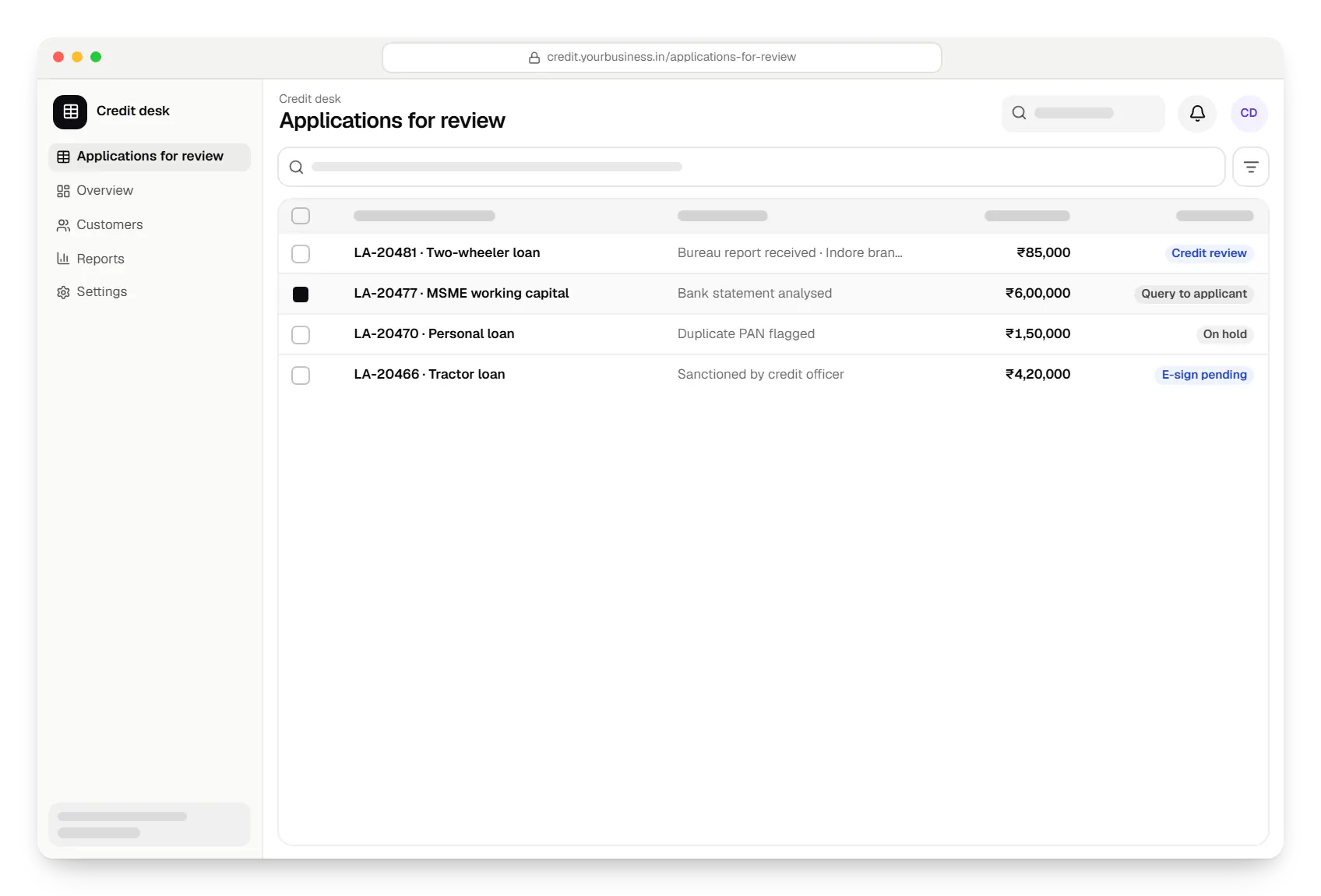 Loan management software credit desk applications for review table in a web browser, with 4 rows and status labels