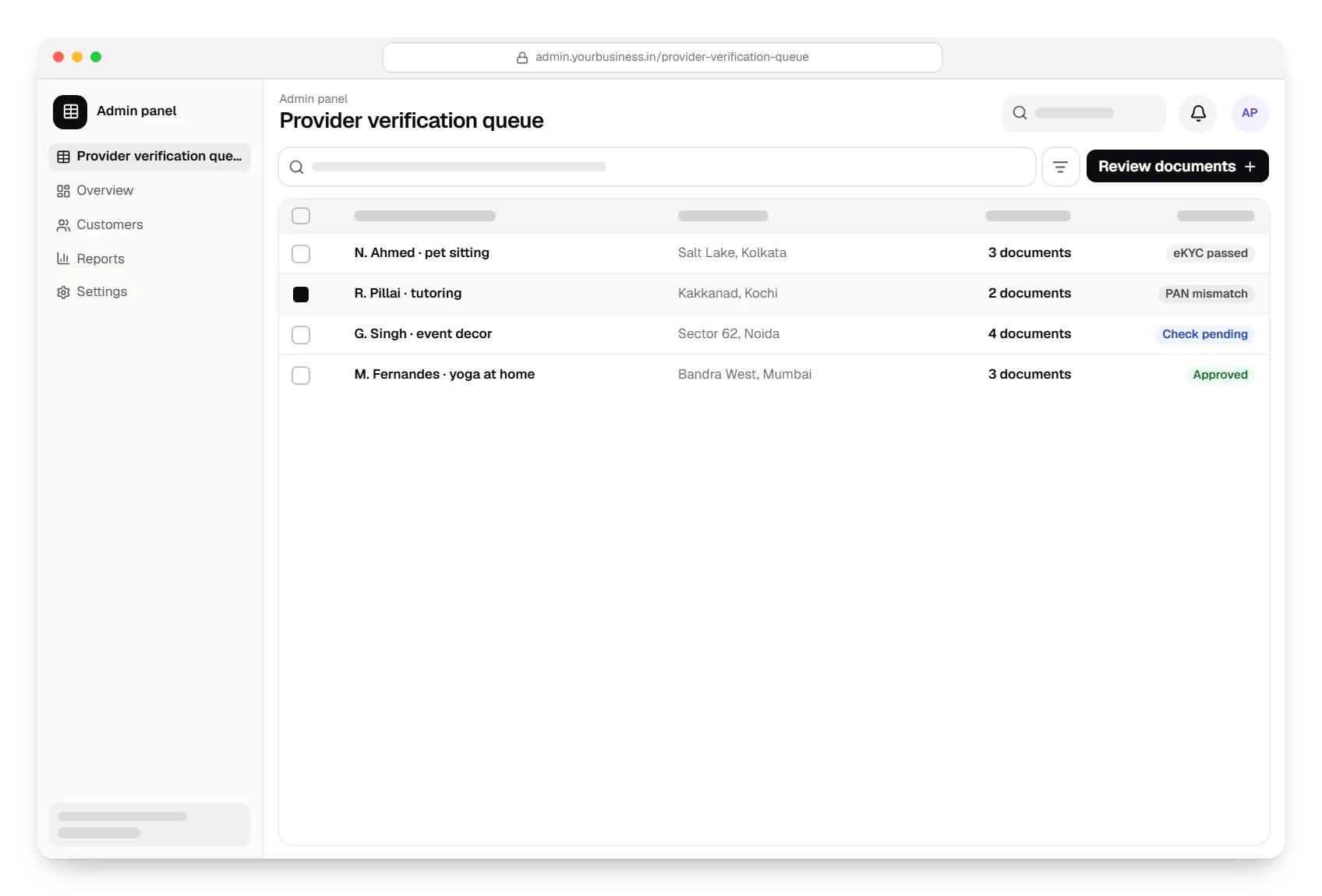 Local service marketplace software admin panel provider verification queue table in a web browser
