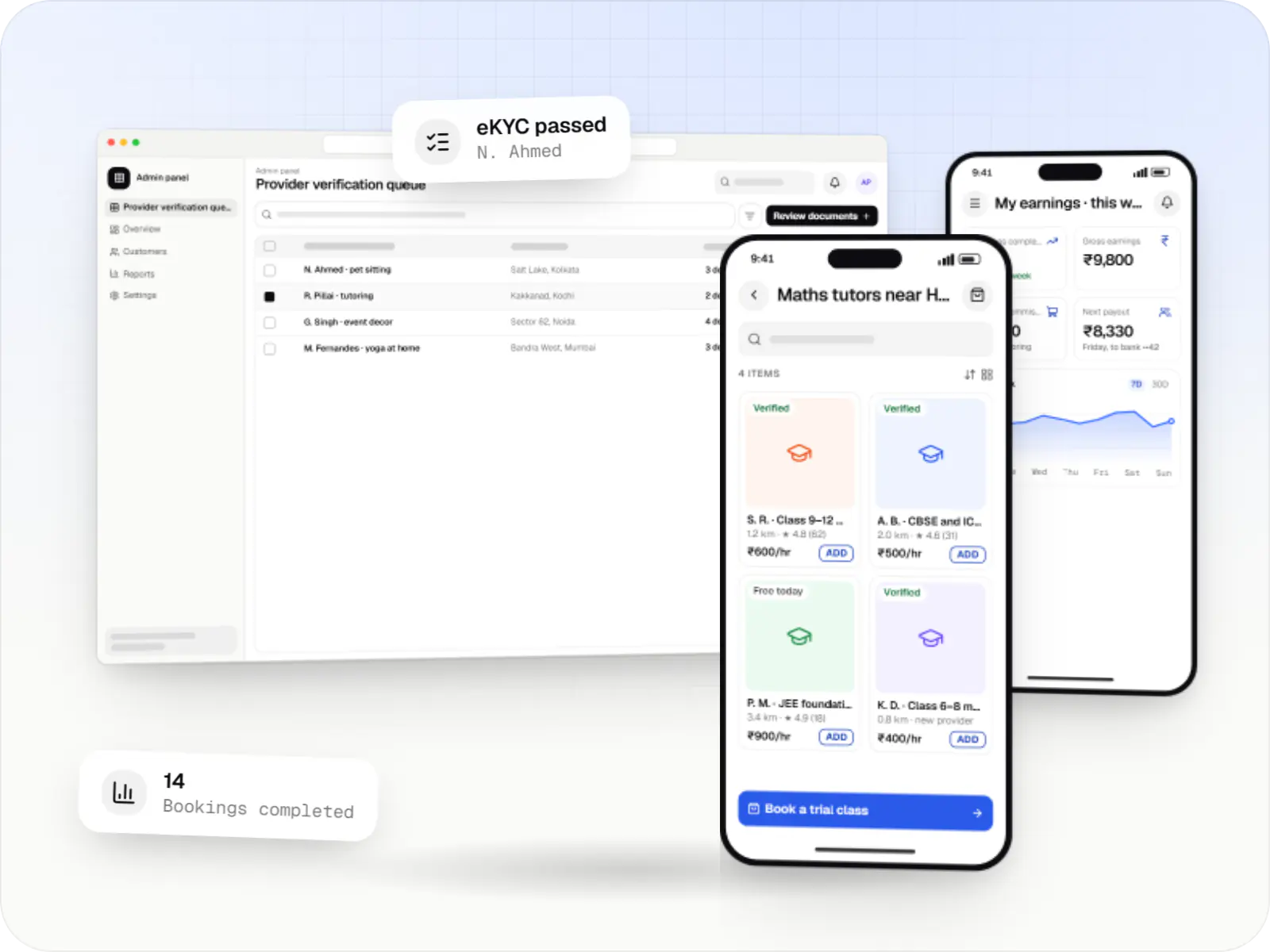 Local service marketplace software screens: admin panel in a browser, customer app on a phone and provider app on a phone