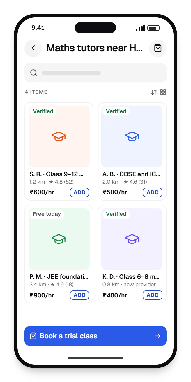 Local service marketplace software customer app catalogue on a phone, showing maths tutors near HSR layout with prices